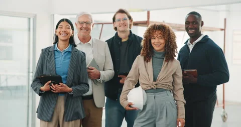 Architecture, face and team on site with pride, design group and about us as Stock Footage 341462149