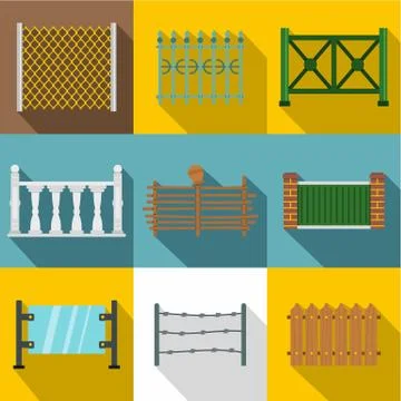 Architecture fences icon set, flat style Stock Illustration