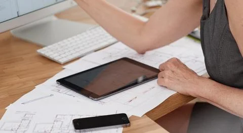 Architecture, hands and tech with design for planning, housing development and Stock Photos