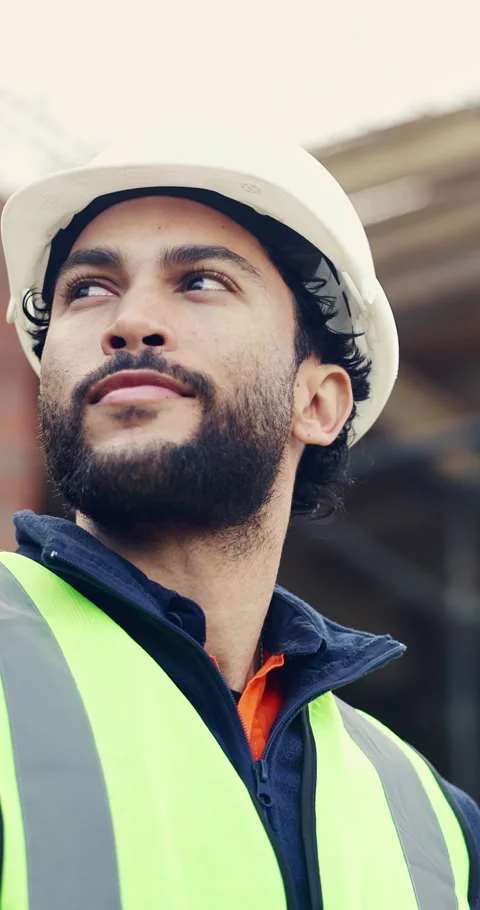 Architecture, helmet and thinking with man on construction site for engineering Stock Footage 336803840