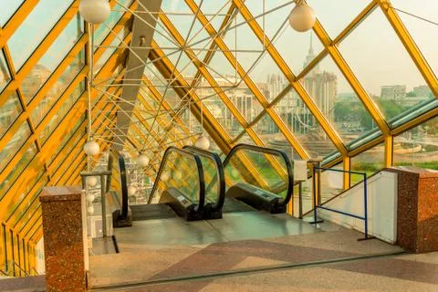 Architecture inside - escalator on the bridge Stock Photos