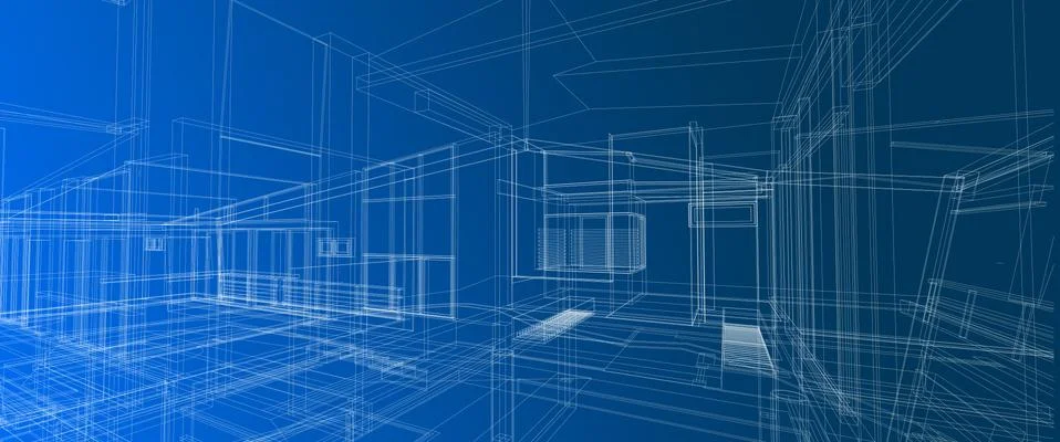 Architecture interior space design concept 3d perspective white wire frame re Stock Illustration