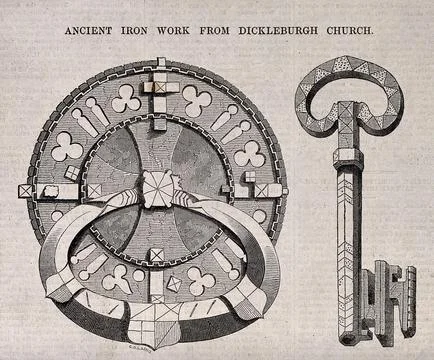 Architecture: a lock and key with gothic ornament. Wood engraving by C. D. .. Stock Illustration