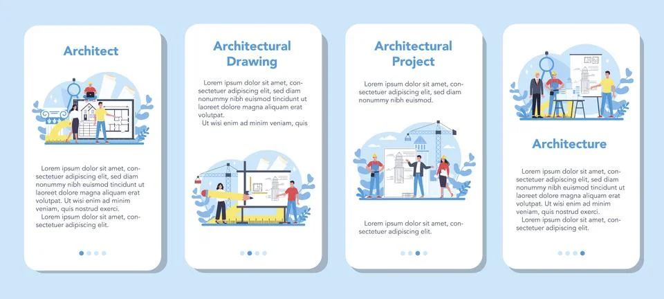 Architecture mobile application banner set. Idea of building project Illustrazione stock