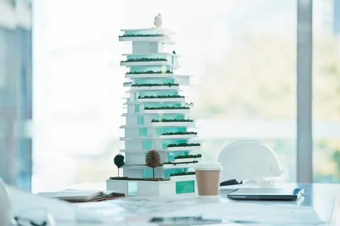 Architecture, model and mockup design of a 3d miniature future building on a Fotos de archivo