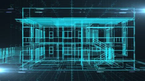 Architecture model of building construction blueprint wire-frame Ilustración de archivo