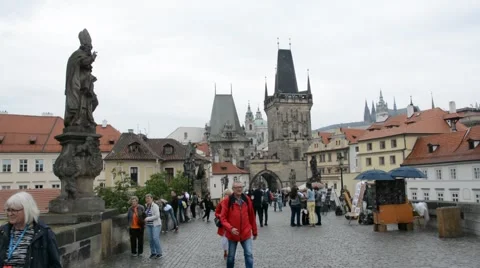 Architecture, monuments and tourists at Charles bridge in Prague city Stock Footage 54667695