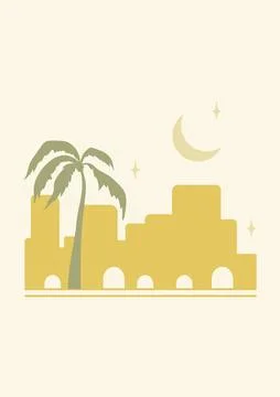 Architecture Morocco elements and moon poster illustration. Modern aesthetic Stock Illustration