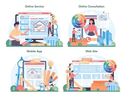 Architecture online service or platform set. Idea of building project Stock Illustration