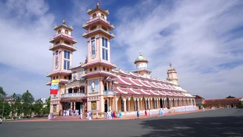 Architecture outside holy temple was built in 1926 in Tay Ninh, Vietnam Stock Footage 224599245