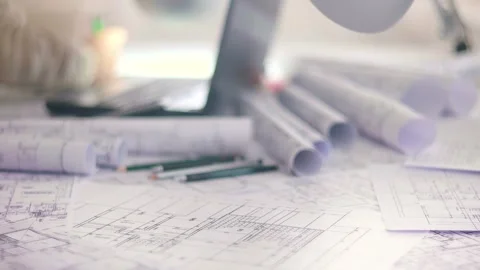 Architecture papers and pencils on the table Stock Footage 242485901