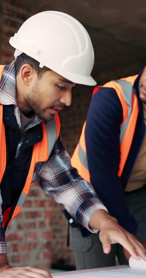 Architecture, people and discussion at construction site with blueprint Stock Footage 336244533