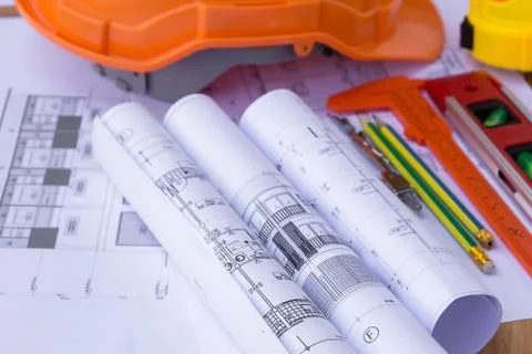 Architecture plan and rolls of blueprints Stock Photos