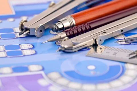 Architecture plan of interior &amp; work tools - ruler, pencil, compass Stock Photos