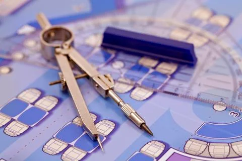 Architecture plan of interior &amp; work tools - ruler, compass Foto stock