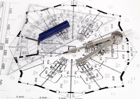 Architecture plan &amp; work tools - ruler, compass Foto stock