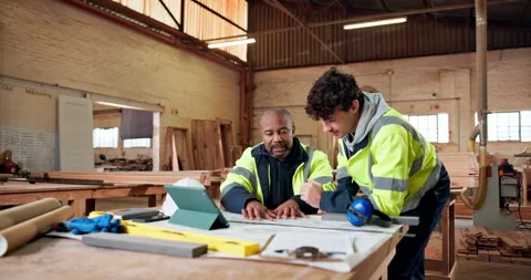 Architecture, review or team in workshop with tablet, building plan or feedback Stock Footage 338041249