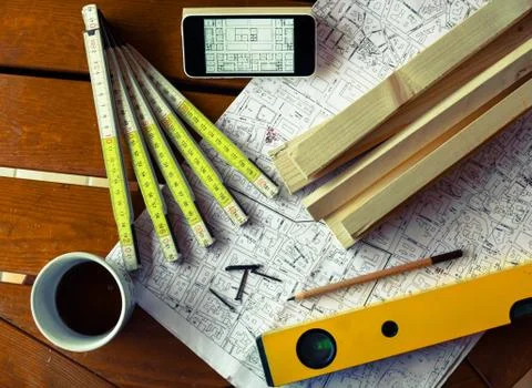 Architecture rolls architectural plans project architect blueprints Stock Photos