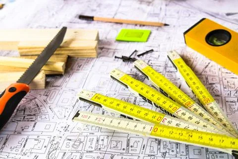 Architecture rolls architectural plans project architect blueprints Stock Photos