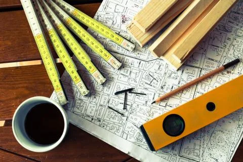 Architecture rolls architectural plans project architect blueprints Stock Photos