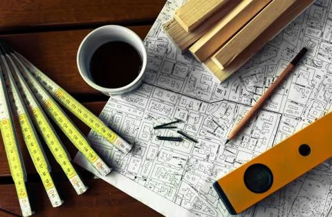 Architecture rolls architectural plans project architect blueprints Foto stock