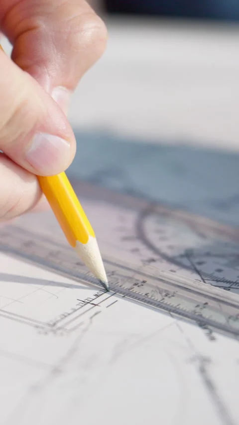 Architecture, ruler and hands of person with layout, design and blueprint for Stock Footage 337535085