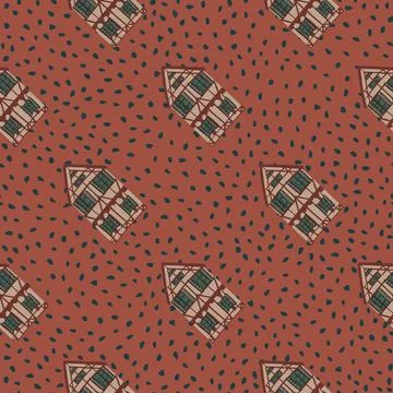 Architecture seamless pattern with doodle house ornament. Maroon dotted backg Stock Illustration