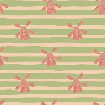 Architecture seamless pattern with pink doodle windmill ornament. Green strip Stock Illustration