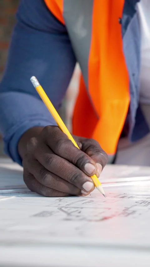 Architecture, sketch and hands of man with blueprint, design and layout for Stock Footage 337534467