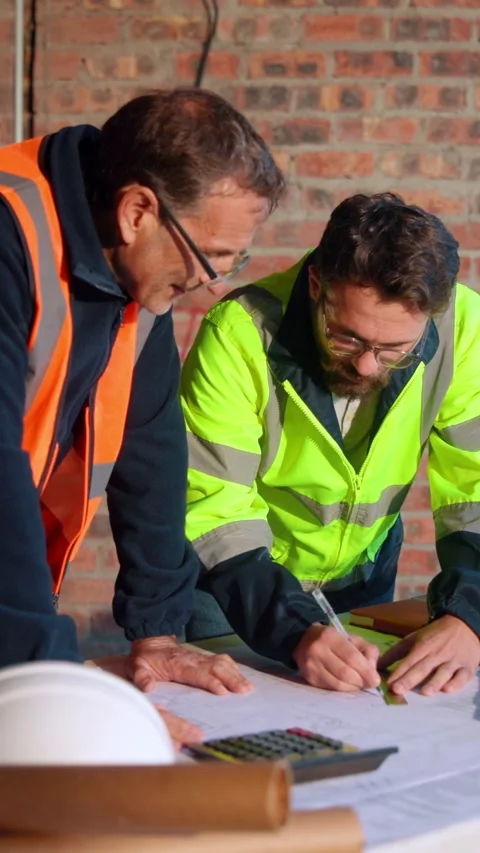 Architecture, team and drawing on site with blueprint, collaboration or Stock Footage 336189037
