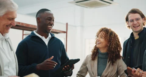 Architecture, team and laugh at construction site with meeting, tablet and funny Stock Footage 341461038
