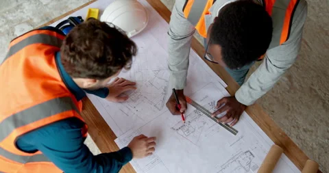 Architecture, team and men with blueprint for planning, design update and ruler Stock Footage 338373218