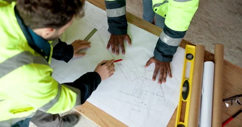 Architecture, team and men with blueprint for design update, planning and Stock Footage 338398199
