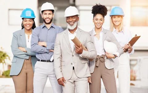 Architecture team, engineer and portrait of people for building, construction Stock Photos