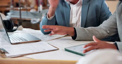 Architecture, team or hands in office with tech, blueprint plan or feedback in Stock Footage 338046406