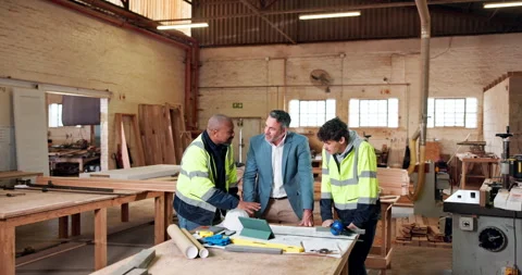 Architecture, team or manager in factory with blueprint, building plan or Stock Footage 337986086