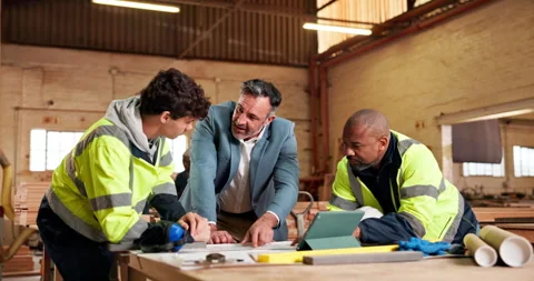 Architecture, team or manager in factory with document, building plan or Stock Footage 337986536
