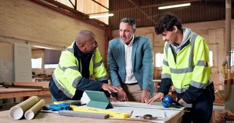 Architecture, team or manager in workshop with blueprint, building plan or Stock Footage 337986235