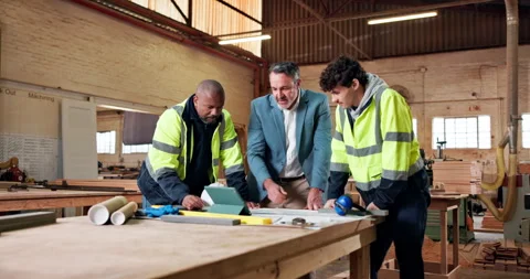 Architecture, team or supervisor in workshop with tablet, building plan or Stock Footage 337987482