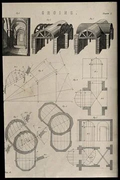 Architecture: three views of vaults, (top), and geometrical projections (be.. Ilustración de archivo