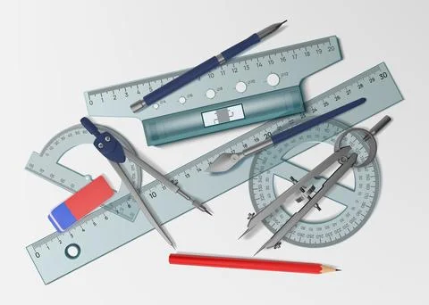 Architecture tools. Architect drafting stationery top view. Realistic math Stock Illustration