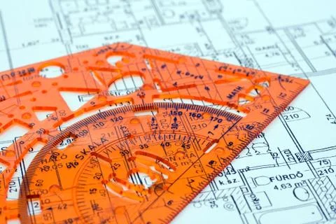 Architecture tools on a floor plan Stock Photos