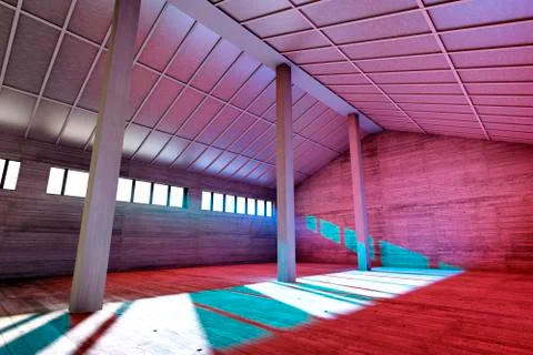Architecture visualization of an empty industrial building, 3D Rendering Stock Illustration