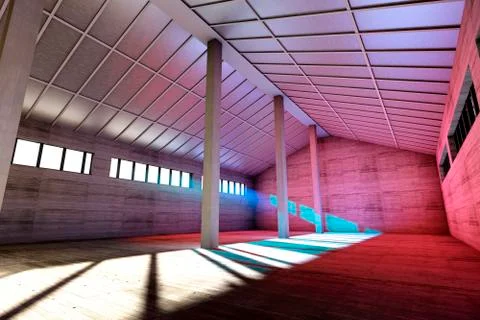 Architecture visualization of an empty industrial building, 3D Rendering Stock Illustration