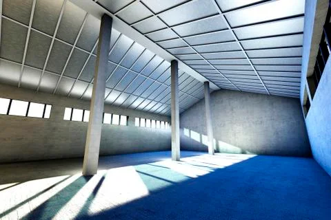 Architecture visualization of an empty industrial building, 3D Rendering Stock Illustration