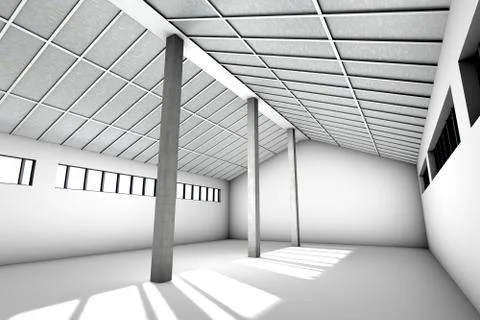 Architecture visualization of an empty industrial building, 3D Rendering Stock Illustration