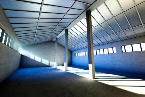 Architecture visualization of an empty industrial building, 3D Rendering Stock Illustration