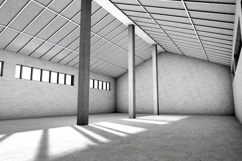 Architecture visualization of an empty industrial building, 3D Rendering Stock Illustration