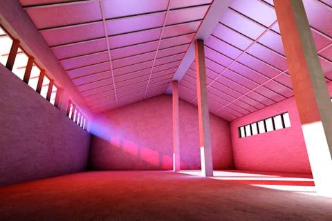 Architecture visualization of an empty industrial building, 3D Rendering Stock Illustration