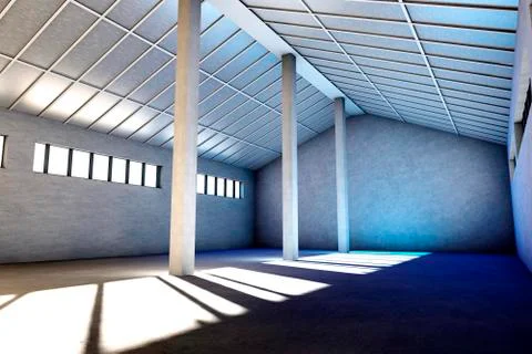 Architecture visualization of an empty industrial building, 3D Rendering Stock Illustration